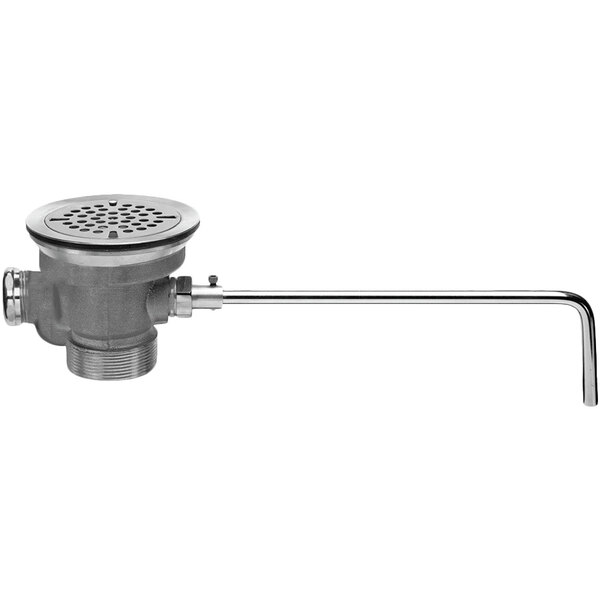 A Fisher brass lever waste valve with a flat strainer and overflow port over a stainless steel sink.
