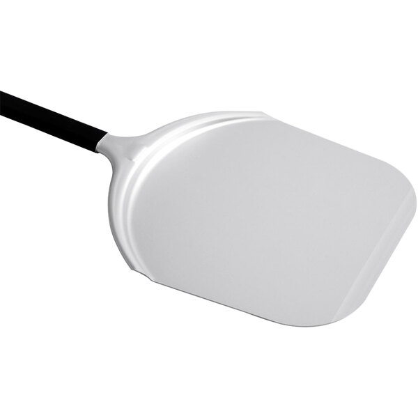 An anodized aluminum pizza peel with a black handle.