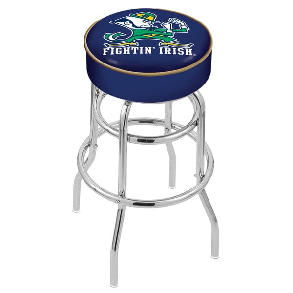 A blue Holland Bar Stool with a green and white Notre Dame Fighting Irish logo on the seat.