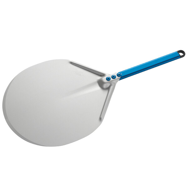 A white pizza peel with a blue handle.
