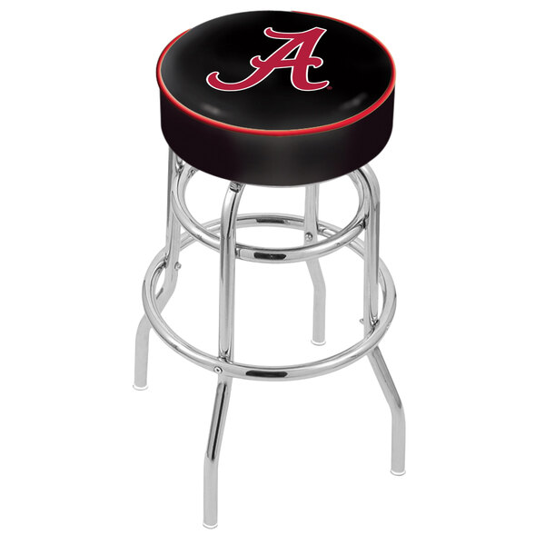 A black and red Holland Bar Stool with University of Alabama logo on the seat.