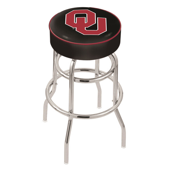 A black and red Holland Bar Stool with Oklahoma University logo on the seat.