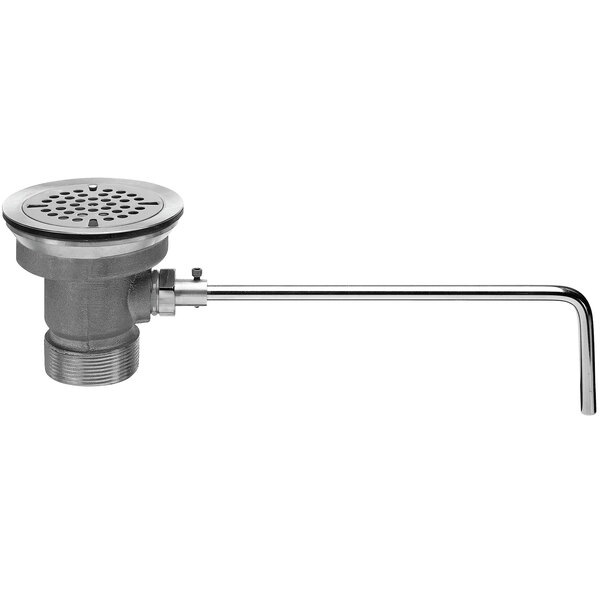 A Fisher chrome lever handle waste valve with a flat strainer over a stainless steel drain.