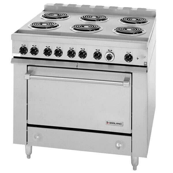A silver Garland heavy-duty electric range with six open burners and a standard oven.