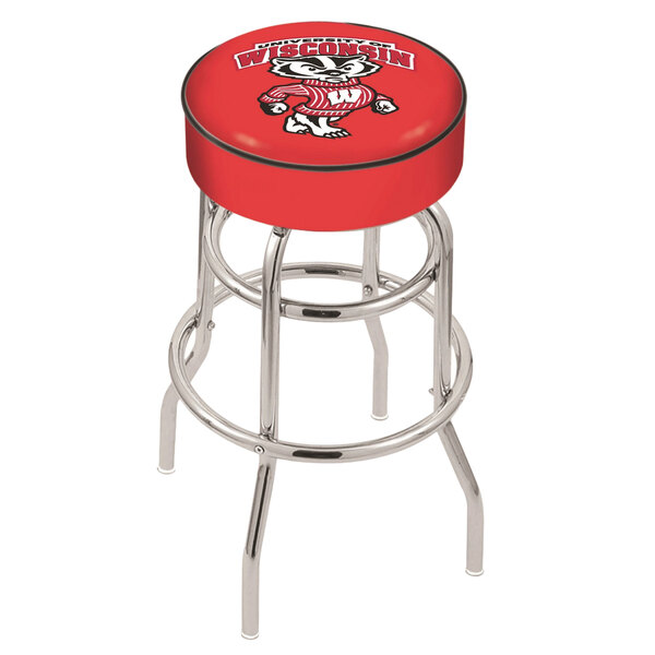A red Holland Bar Stool with a University of Wisconsin logo on the seat.