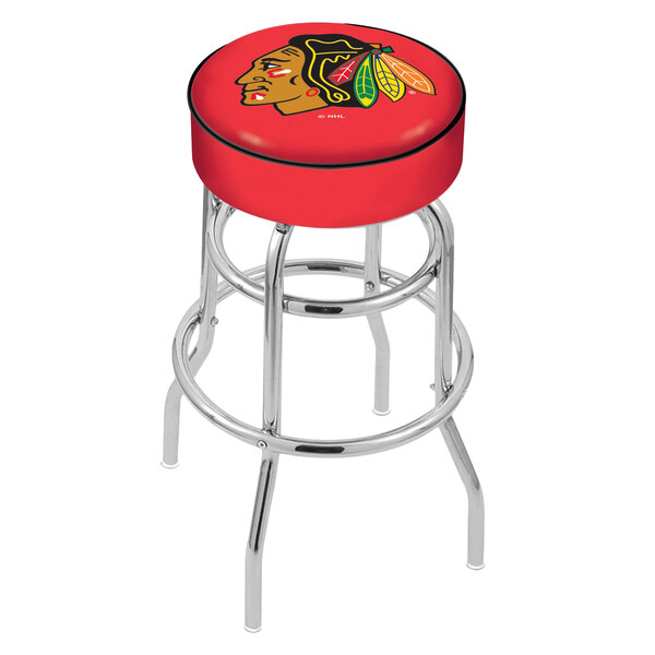 A red Holland Bar Stool with Chicago Blackhawks logo on the seat and double ring swivel base.