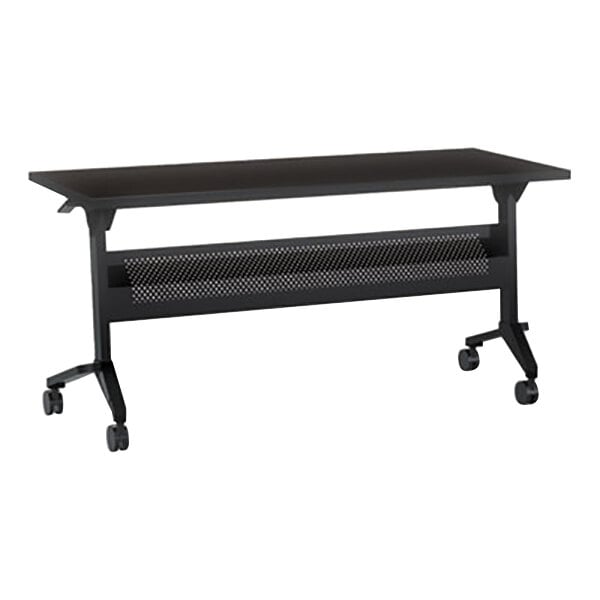 A black rectangular Safco Flip-N-Go laminated table top with wheels.