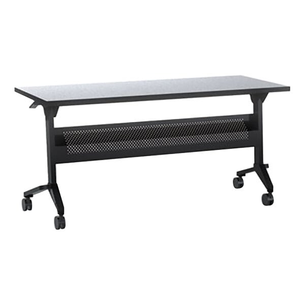 A black rectangular Safco Flip-N-Go seminar table top with wheels.