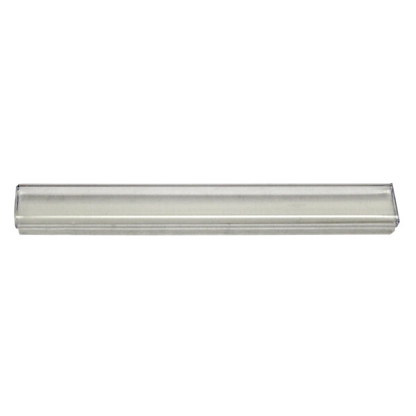 A clear plastic tube with a white border holding white rectangular labels.