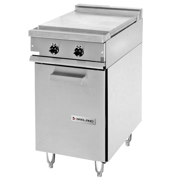 A stainless steel Garland heavy-duty electric range with storage base and knob controls.