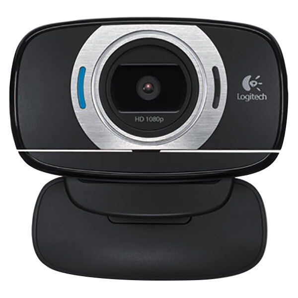 A black and silver Logitech C615 HD webcam lens with a silver and blue logo.