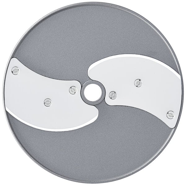 A Robot Coupe 3/64" slicing disc with two holes, one silver and one white.