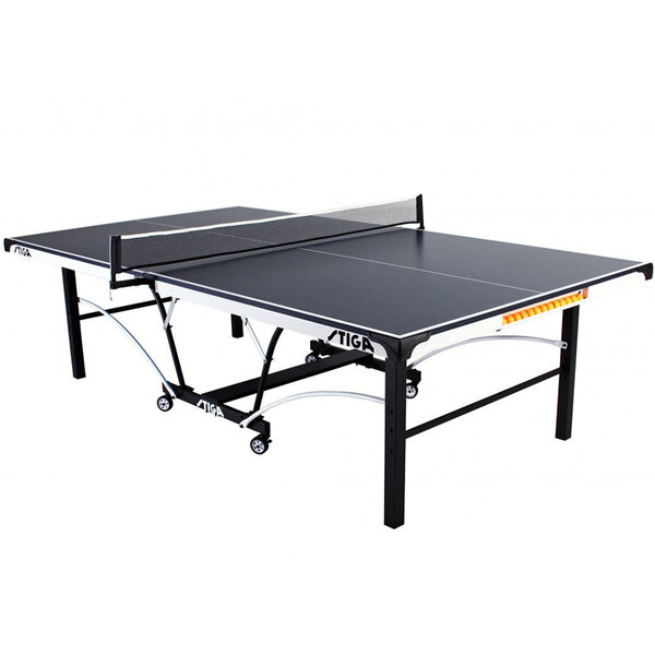 A Stiga ping pong table with black and silver legs and a net.