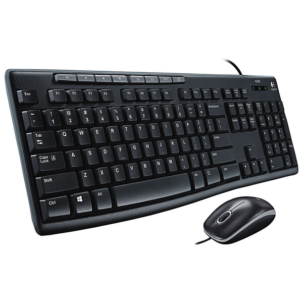 A black Logitech wired computer keyboard and mouse.