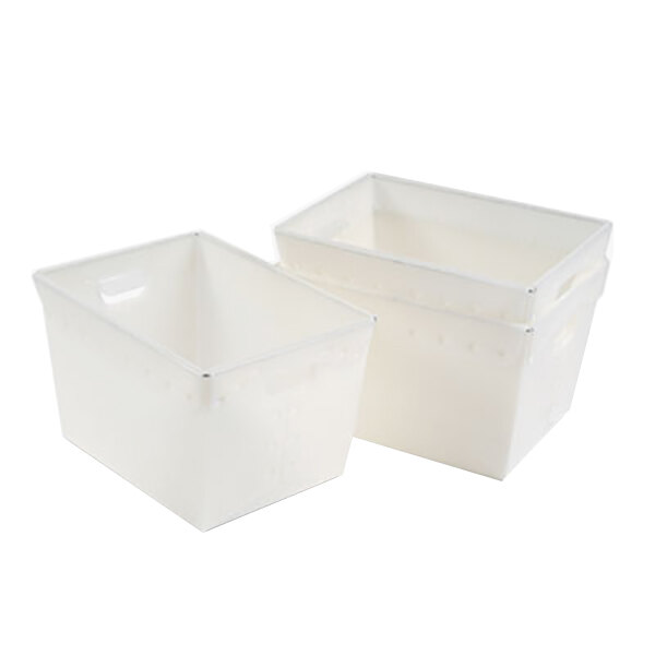 Two white Safco mail storage totes with handles.