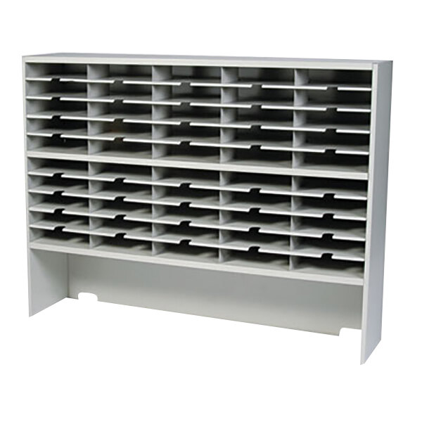 A white metal Safco Kwik-File literature organizer with many compartments.