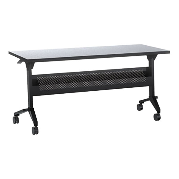 A black rectangular Safco Flip-N-Go table top with silver edges and wheels.