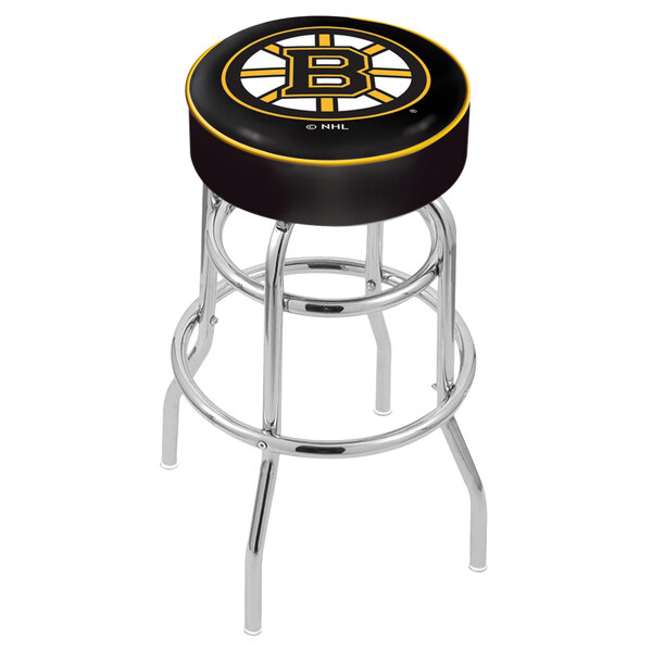 A black and yellow Holland Bar Stool with Boston Bruins logos on the seat and double ring.