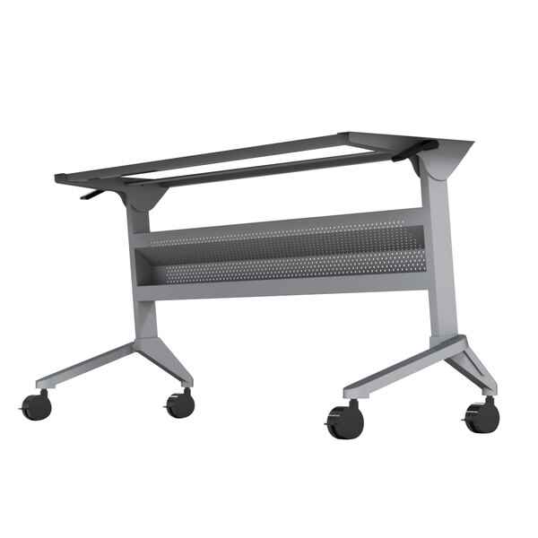 A grey metal Safco Flip-n-Go seminar table base with wheels.