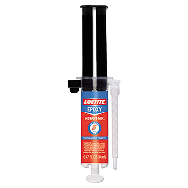 A tube of Loctite Instant Mix Epoxy with red and blue packaging and two tubes inside.