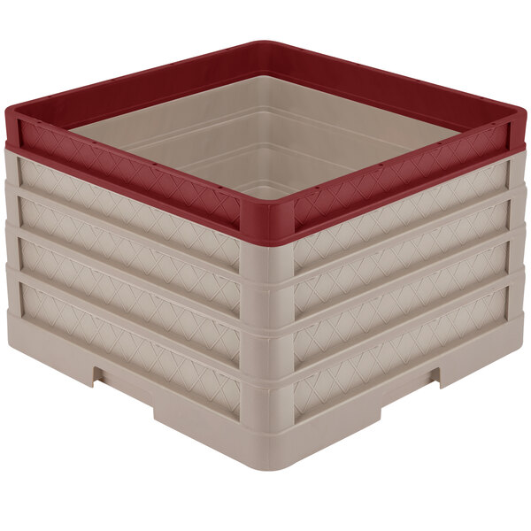 A Vollrath Traex full-size beige dish rack with red and beige plastic extenders.