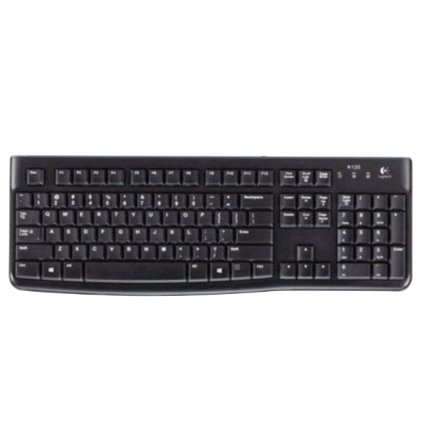 A black Logitech K120 wired keyboard with white text.
