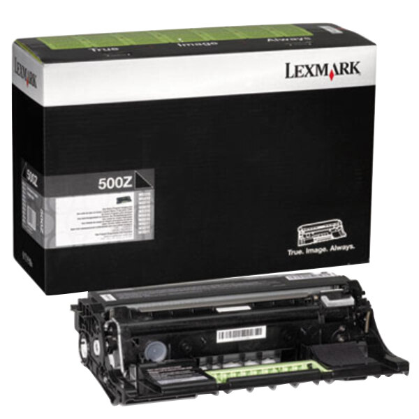 A black Lexmark printer ink drum with green and black rectangular packaging.