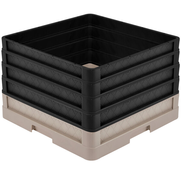 A Vollrath Traex beige dish rack with black extenders in a black and tan plastic storage bin.