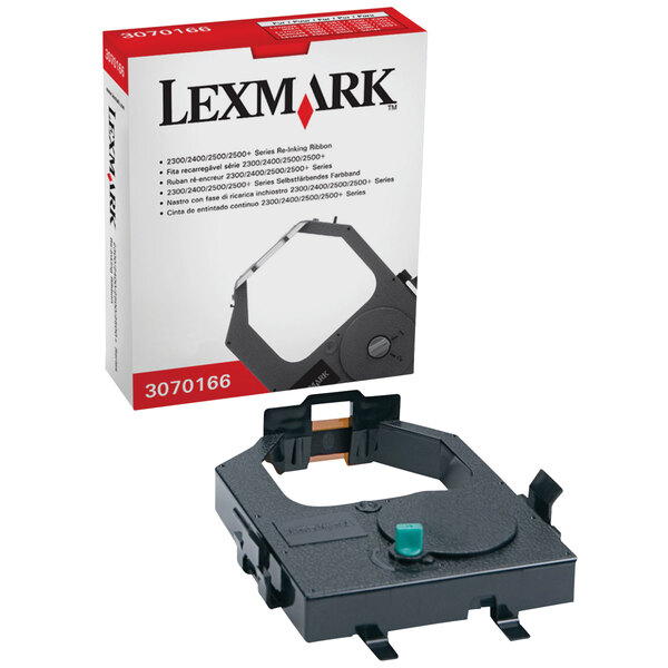 A black plastic Lexmark re-inking ribbon cartridge with a green button.