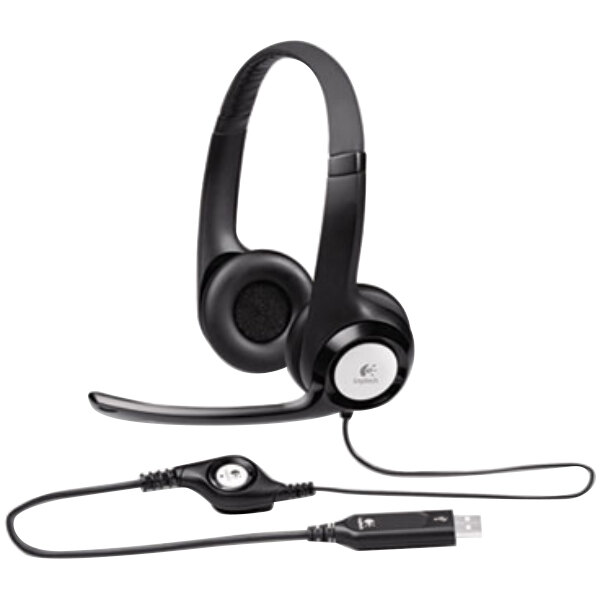 A Logitech black headset with a white circle on the earpiece and microphone.