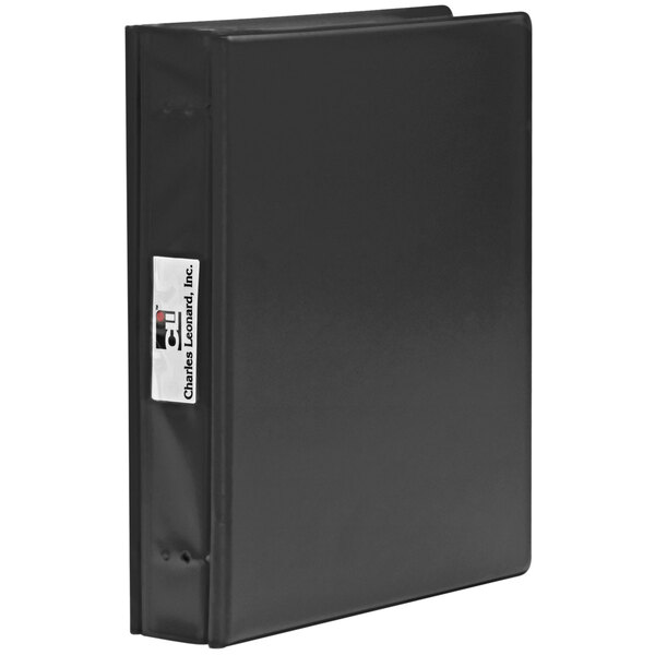 A black Charles Leonard Varicap6 expandable binder with a white label.