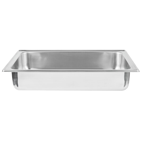 A stainless steel rectangular water pan with a square edge.