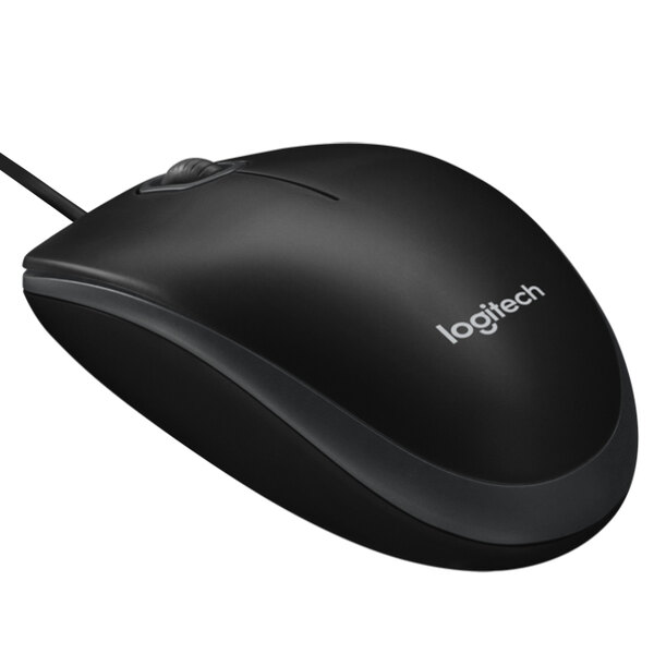 A black Logitech B100 wired computer mouse.