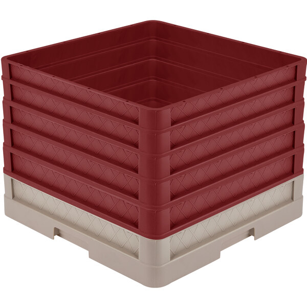 A Vollrath Traex dish rack with closed sides and burgundy extenders on a red and tan plastic container.