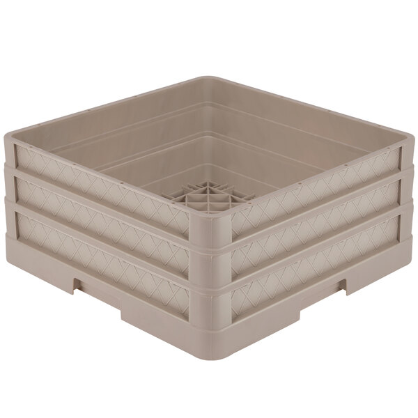 A beige Vollrath Traex plastic dish rack with closed sides and beige extenders.