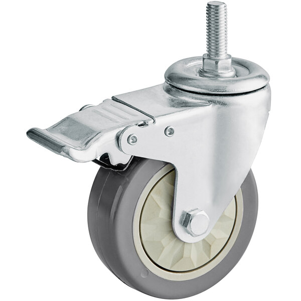 An Avantco swivel plate caster with a metal base and metal wheel with a rubber tire.