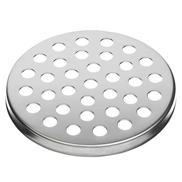A silver metal circular strainer with holes.