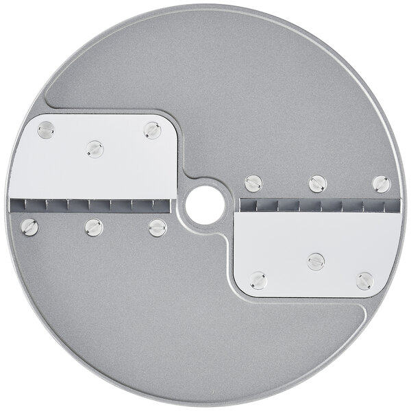 A white circular metal Robot Coupe Julienne Cutting Disc with two holes.