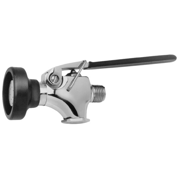 A Fisher chrome plated pre-rinse faucet valve with a black squeeze lever.