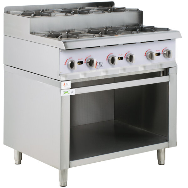 Cooking Performance Group 36RSUSBNL 36 inch Step-Up Gas Range / Hot Plate with Storage Base and High Output Burners - 180,000 BTU