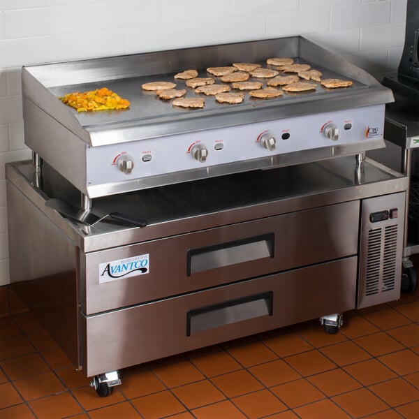 Cooking Performance Group 48GMRBNL 48" Gas Countertop Griddle with Manual Controls and 52", 2 Drawer Refrigerated Chef Base - 120,000 BTU