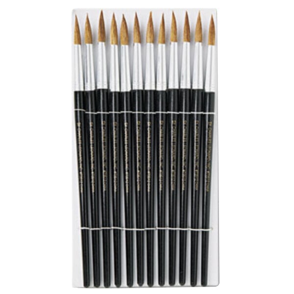 A box of 12 black Charles Leonard round camel hair bristle paint brushes.
