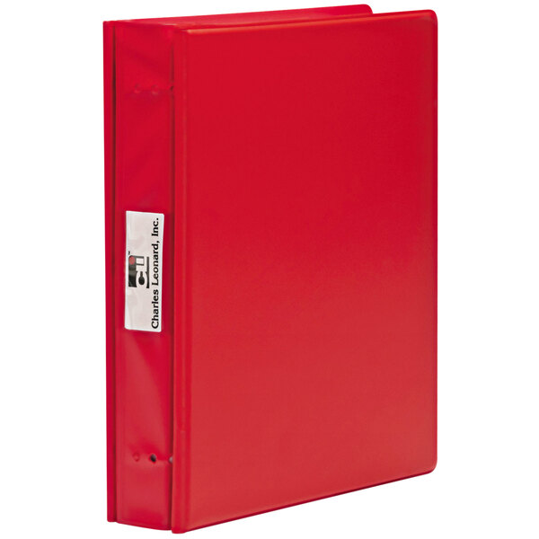 A red Charles Leonard Varicap6 binder with a white label.