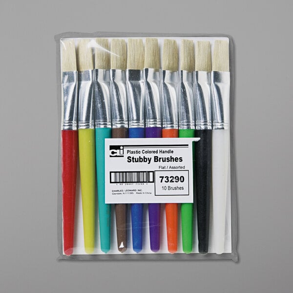 A plastic package of Charles Leonard 10 Assorted Color Flat Natural Bristle Stubby Paint Brushes.