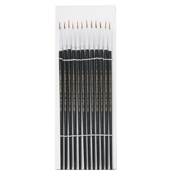 A package of 12 black round paint brushes with camel hair bristles.