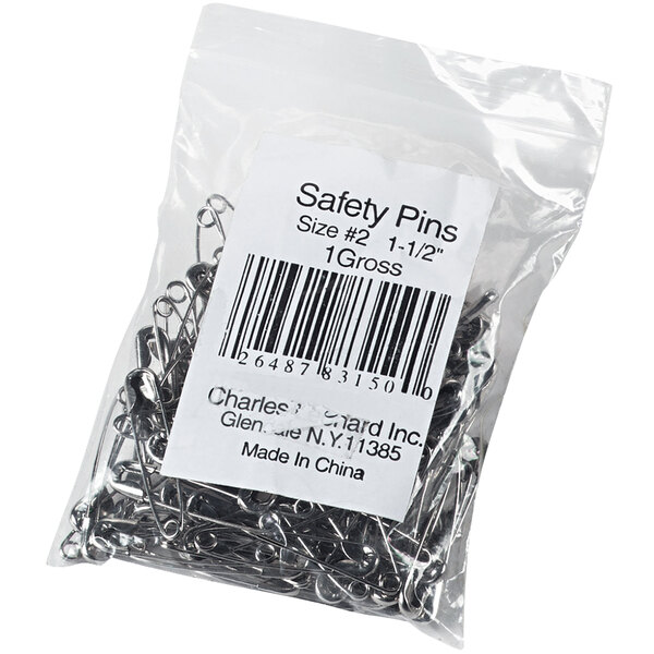 A plastic bag of Charles Leonard nickel-plated steel safety pins.