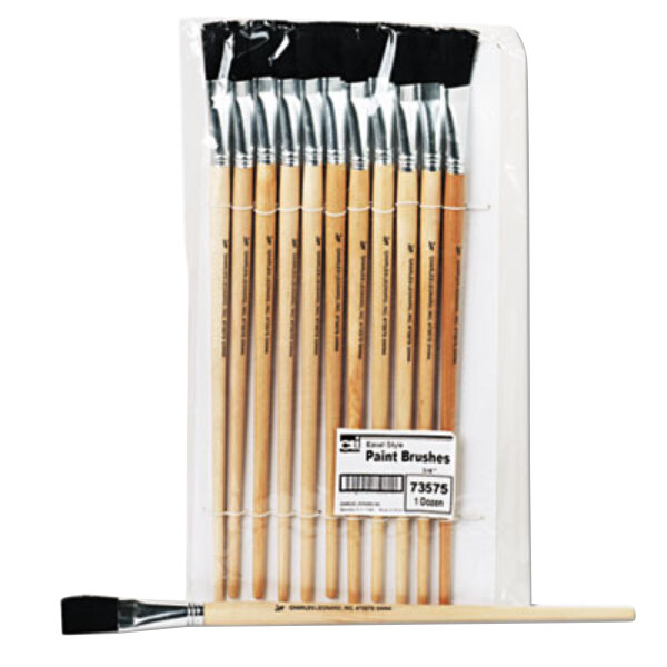 A pack of 12 Charles Leonard flat paint brushes with long wooden handles.