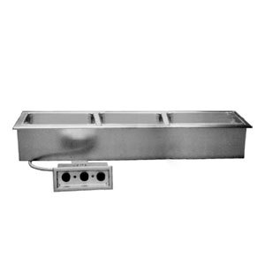 A Delfield narrow drop-in hot food well for three pans on a stainless steel counter.