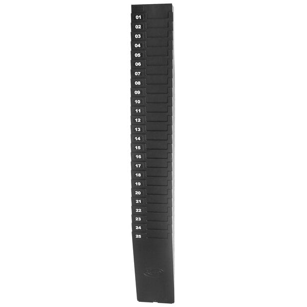A black rectangular Lathem 259EX time card rack with white numbers.