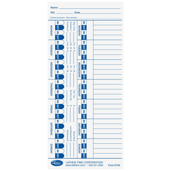 A white Lathem time card with blue print and lines.